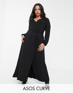 Платье макси с пышными рукавами и запахом ASOS DESIGN Curve-Черный