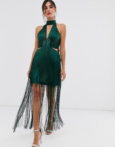 Платье мини с бахромой, кольцом и высоким воротом ASOS DESIGN-Зеленый