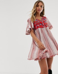 Платье-туника в полоску с вышивкой Free People - Under The Sun-Красный