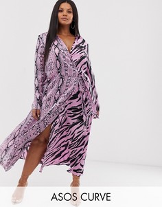 Платье макси с запахом и звериным принтом эксклюзивно для ASOS DESIGN Curve-Мульти