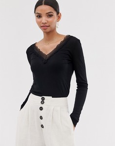 Топ в рубчик с V-образным вырезом и кружевом Vila-Черный