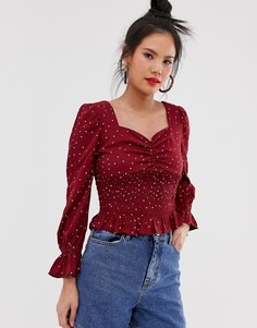 Блузка в горошек с присборенной отделкой Moon River-Красный