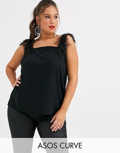 Топ с квадратным вырезом и бретельками с искусственными перьями ASOS DESIGN Curve-Черный