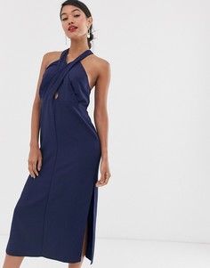 Креповое платье миди с перекрестными бретелями с пряжками ASOS DESIGN-Темно-синий