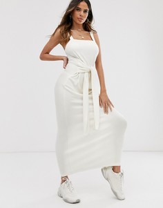 Платье макси в рубчик с поясом ASOS DESIGN-Белый