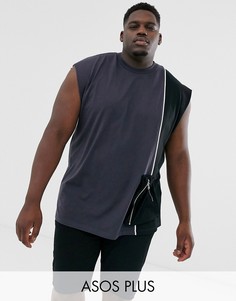 Черная oversize-футболка без рукавов с карманом в стиле милитари и контрастной отделкой ASOS DESIGN Plus-Серый
