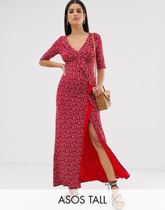 Платье макси с запахом, длинными рукавами и пестрым принтом ASOS DESIGN Tall-Мульти