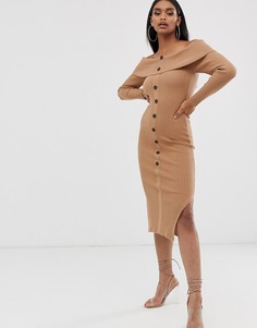 Платье миди с открытыми плечами и пуговицами ASOS DESIGN-Светло-бежевый