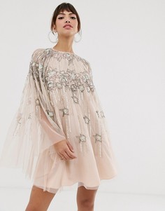 Платье мини с кейпом, отделкой пайетками и жемчугом ASOS DESIGN-Кремовый