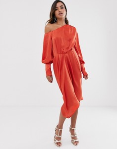Выбеленное атласное платье миди на одно плечо ASOS DESIGN-Оранжевый