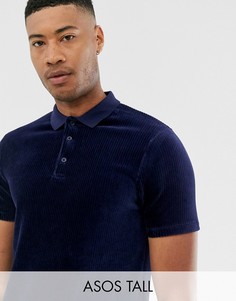 Длинная темно-синяя футболка-поло из велюра в рубчик ASOS DESIGN Tall-Темно-синий
