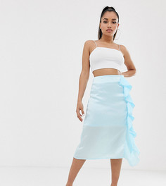 Эксклюзивная голубая атласная юбка миди с разрезом сбоку Missguided Petite-Синий