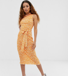 Плиссированное платье миди с цветочным принтом и поясом ASOS DESIGN Petite-Зеленый