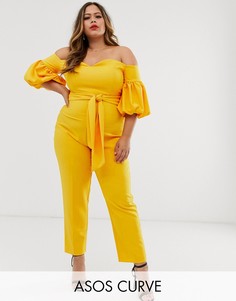 Комбинезон с поясом, пышными рукавами и открытыми плечами ASOS DESIGN Curve-Желтый