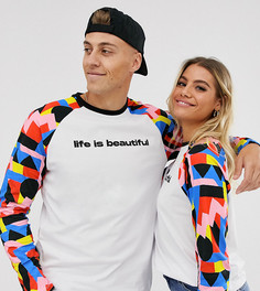 Свободная футболка унисекс с длинными рукавами реглан и принтом LIFE IS BEAUTIFUL-Белый