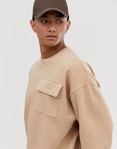 Бежевый oversize-свитшот в стиле милитари с нагрудным карманом ASOS DESIGN