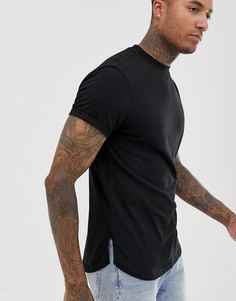 Черная длинная футболка с отворотами на рукавах и разрезами по бокам ASOS DESIGN-Черный