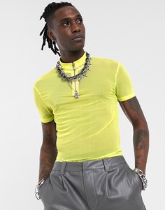 Обтягивающая сетчатая футболка с высоким воротом на молнии ASOS DESIGN-Желтый