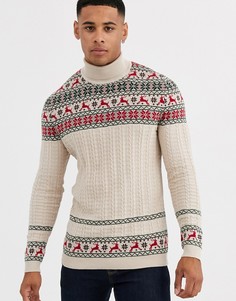 Джемпер овсяного цвета с узором Фэйр-Айл и изображением оленя ASOS DESIGN-Бежевый