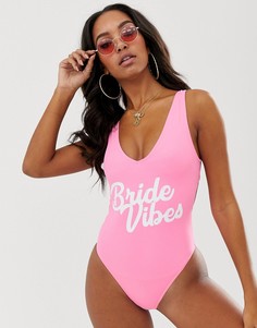 Розовый слитный купальник со шнуровкой сзади, глубоким вырезом и надписью \bride vibes\" ASOS DESIGN