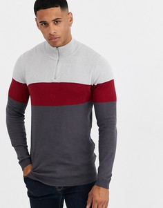 Серый вязаный джемпер в полоску с молнией ASOS DESIGN