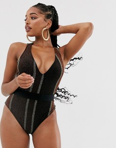Слитный купальник в полоску металлик с эластичным поясом ASOS DESIGN-Черный