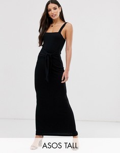 Платье макси в рубчик с завязкой на талии ASOS DESIGN Tall-Черный