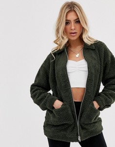 Oversize-куртка на молнии с меховой отделкой Missguided-Зеленый