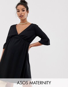 Свободное платье с V-образным вырезом и оборками на рукавах ASOS DESIGN maternity-Черный