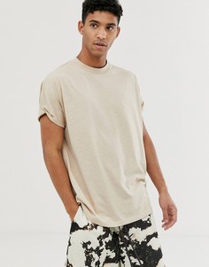 Бежевая меланжевая oversize-футболка удлиненного кроя с круглым вырезом и отворотами на рукавах ASOS DESIGN-Бежевый