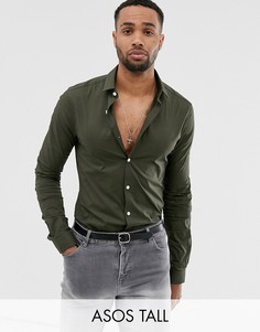 Рубашка скинни цвета хаки из поплина ASOS DESIGN Tall-Зеленый