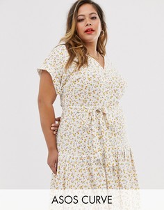 Чайное платье миди на пуговицах с поясом и цветочным принтом ASOS DESIGN Curve-Мульти