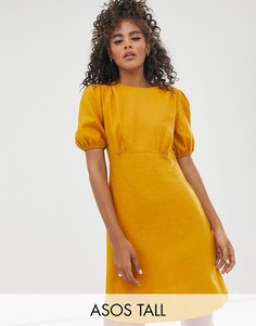 Льняное платье мини с объемными рукавами ASOS DESIGN Tall-Желтый