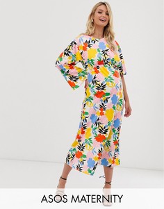 Платье макси с асимметричными рукавами и ярким цветочным принтом ASOS DESIGN Maternity-Мульти