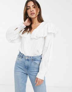 Рубашка с длинными рукавами и вышивкой ришелье у воротника ASOS DESIGN-Белый