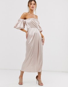 Атласное драпированное платье миди с открытыми плечами ASOS EDITION-Кремовый