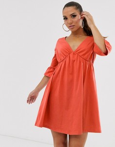Свободное платье с V-образным вырезом и оборками на рукавах ASOS DESIGN-Оранжевый