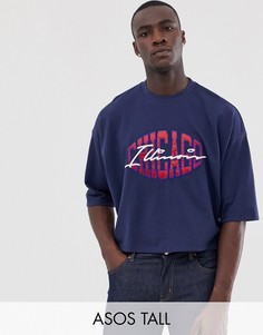 Укороченная oversize-футболка из пике с вышивкой в виде названия города ASOS DESIGN Tall-Темно-синий
