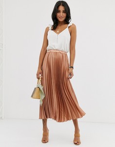 Плиссированная атласная юбка миди ASOS DESIGN-Бежевый