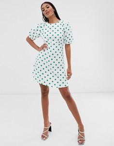 Льняное платье мини в горошек и с пышными рукавами ASOS DESIGN-Мульти