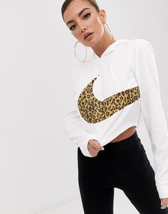Белый укороченный oversize-худи с логотипом-галочкой с леопардовым принтом Nike