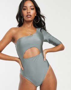 Блестящий слитный купальник на одно плечо с длинным рукавом цвета хаки ASOS DESIGN-Зеленый
