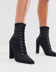 Черные атласные ботинки на блочном каблуке и шнуровке ASOS DESIGN Equals-Черный