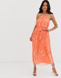 Свободное плиссированное платье оранжевого цвета с принтом Lipsy-Мульти