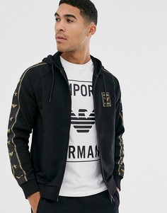 Черный худи на молнии, с отделкой лентой и логотипом золотистого цвета Emporio Armani