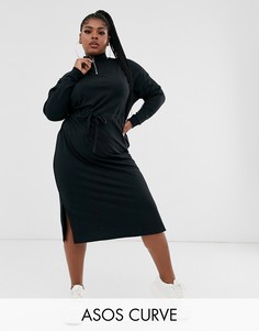 Трикотажное платье миди с затягивающимся шнурком на талии ASOS DESIGN Curve-Черный