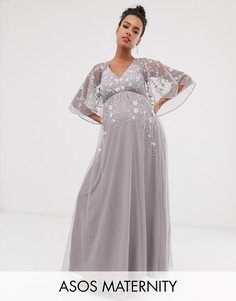 Сетчатое платье макси с рукавами клеш и вышивкой ASOS DESIGN Maternity-Серый