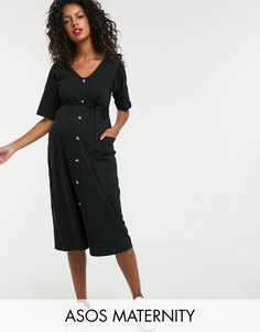 Платье миди на пуговицах с поясом ASOS DESIGN Maternity-Черный