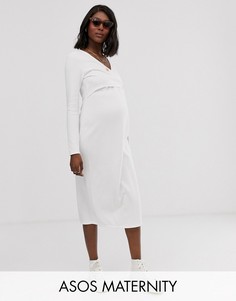 Мягкое платье миди с V-образным вырезом и завязкой ASOS DESIGN Maternity-Белый