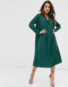 Плиссированное платье-рубашка миди ASOS DESIGN-Зеленый